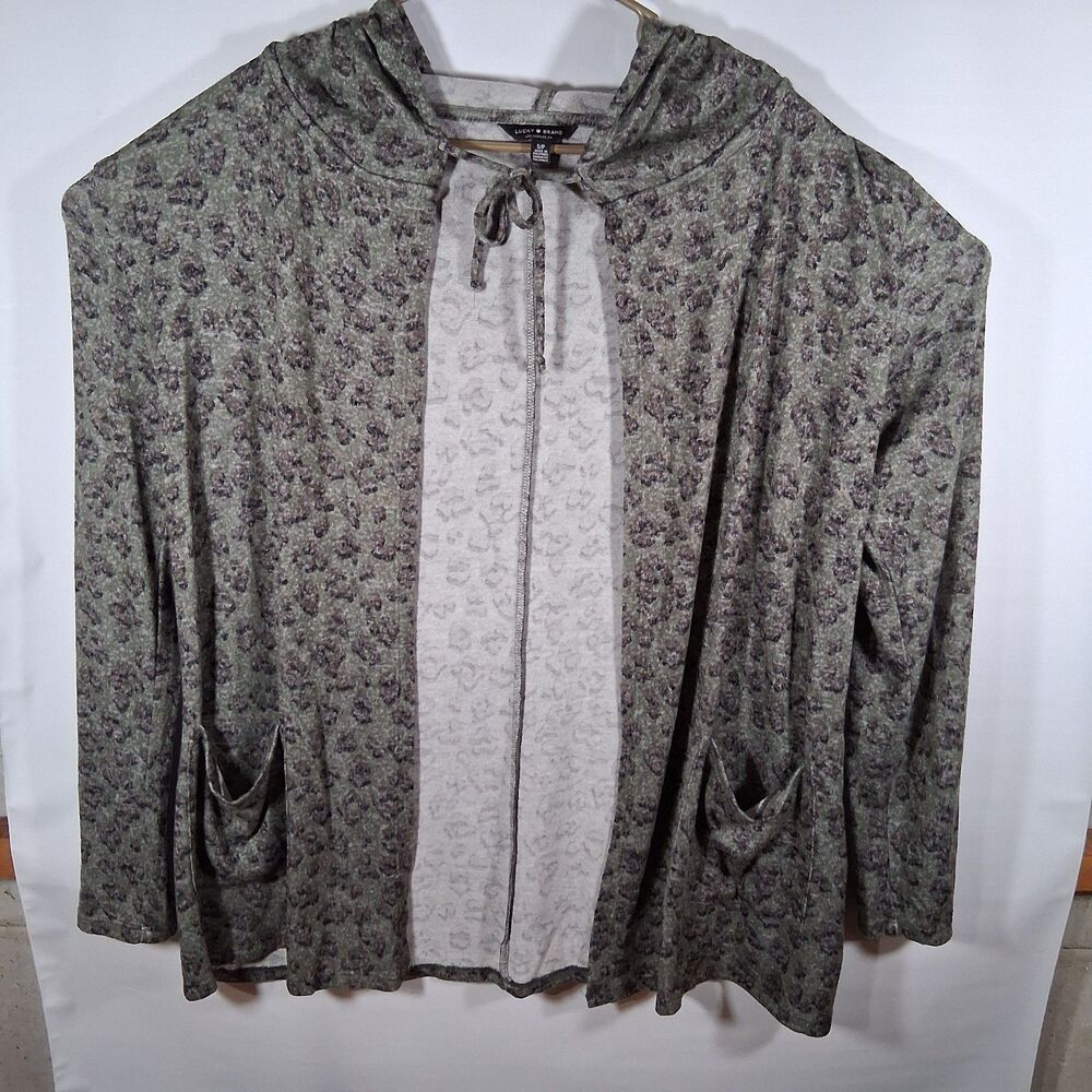 Lucky Brand Women's Small Green Leopard Print Open Front Hooded Cardigan Sweater